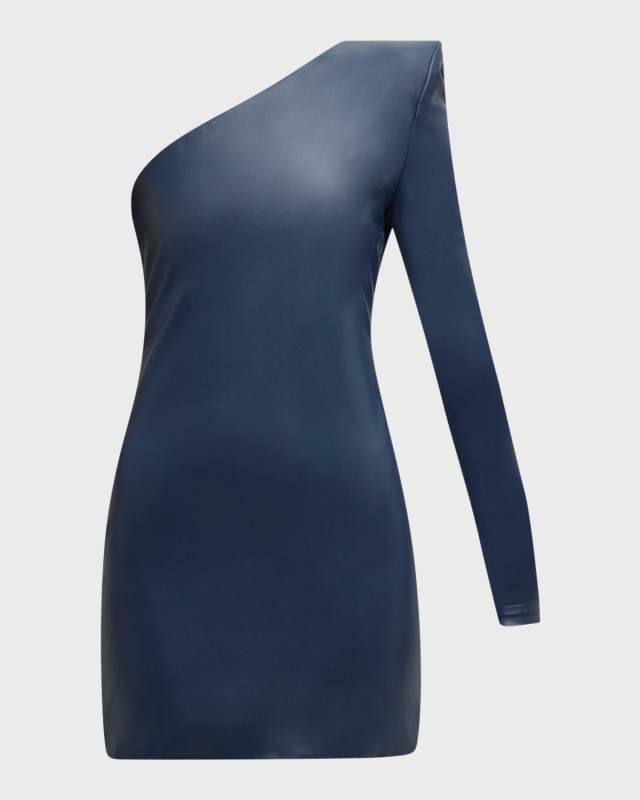 Stretch Faux Leather One-Shoulder Mini Dress